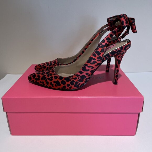 Betsey Johnson Leopard Sling Back Heels Shoes Size 7M Black Red Back Bow Sexy - Picture 5 of 11
